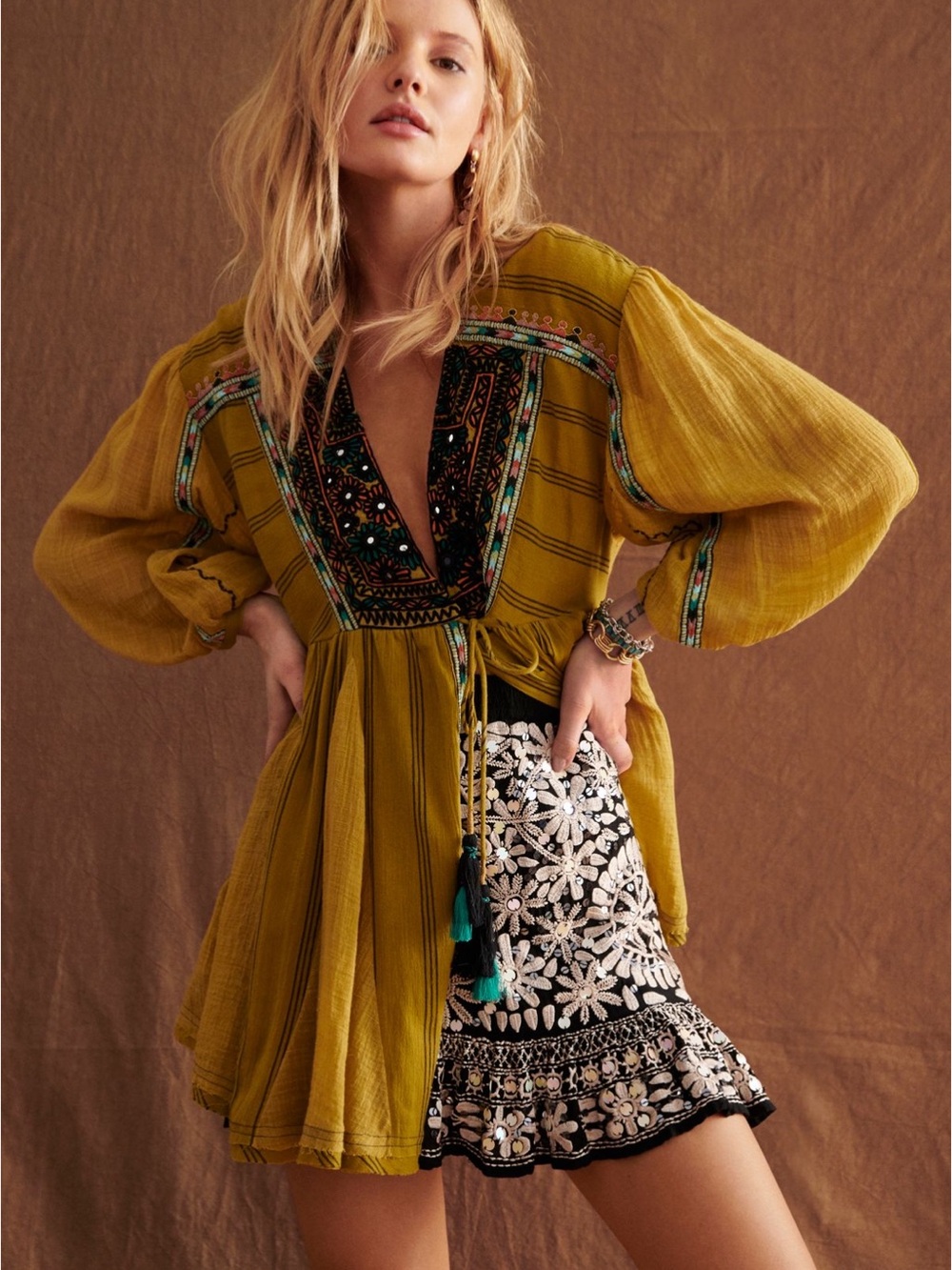 Free People Sabeena Embroidered Tunic in Golden Olive